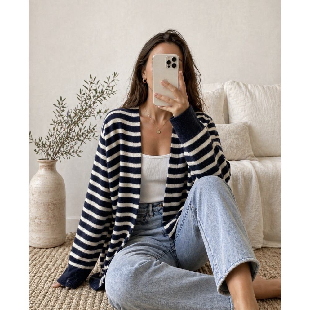 Madewell Striped Wool Alpaca Cardigan Navy Cream Open Front Cozy Sweater L - Picture 1 of 7